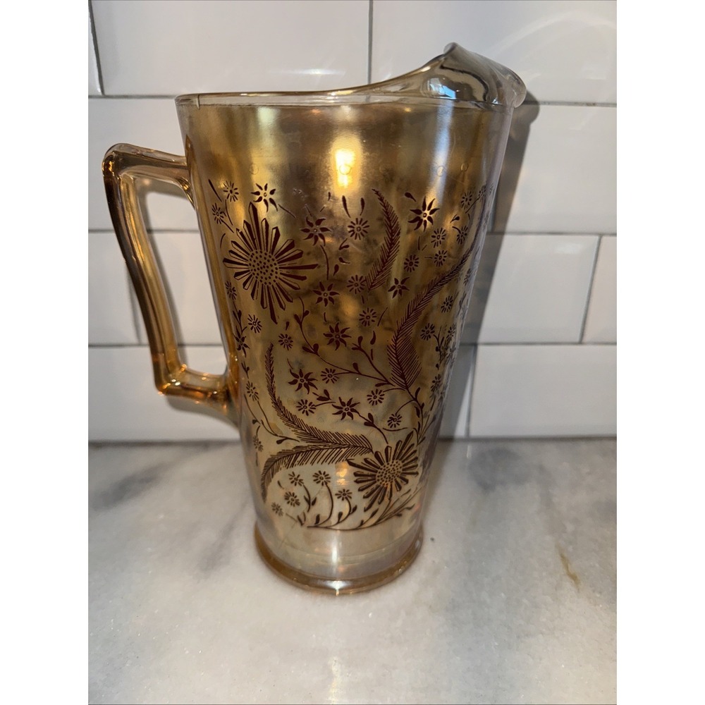 VtgJeanette Marigold Carnival Glass Cosmos Pitcher /6 Glasses 1950's MCMGW0051 - Picture 6 of 14